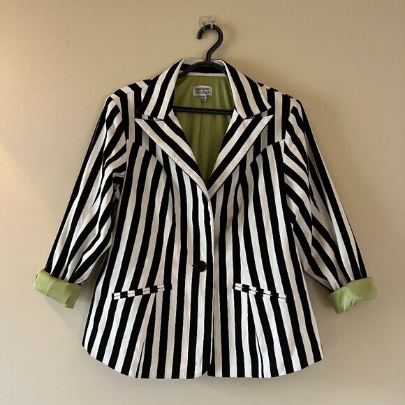 NWOT Unique Vintage Black and White Striped Blazer with Lime Green Lining Size16 - Picture 1 of 5